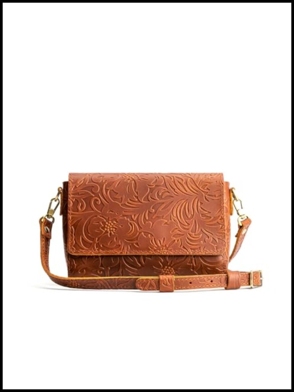 Full-Grain Leather Crossbody Bag Mini Floral Hidden Magnet Closure Adjustable